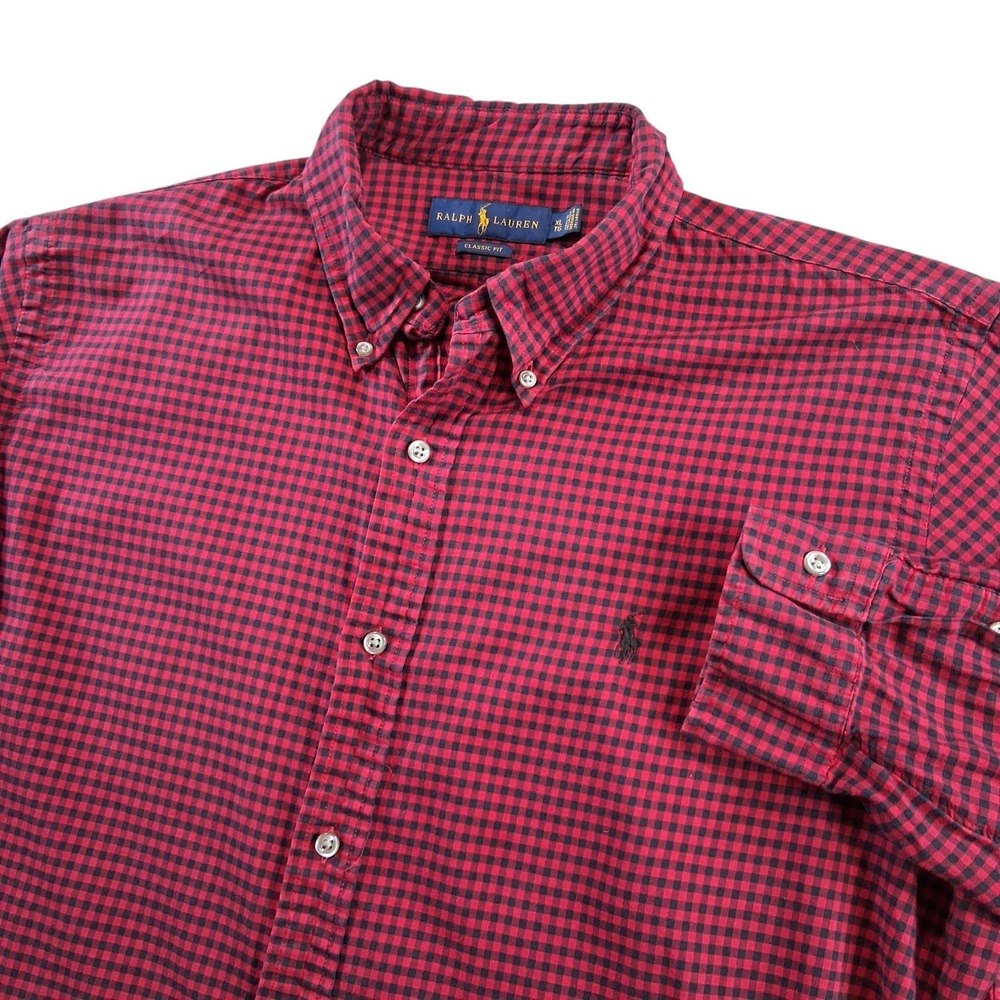 Ralph Lauren Button Down Shirt Mens XL Red‎ Black Gingham Classic Fit Cotton